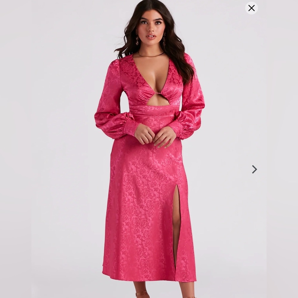 Women's Pink Satin Long Sleeve Midi Dress Ultra Glam Romantic Cocktail Dress